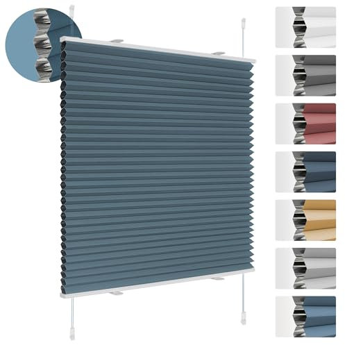 Deswell Plissee Verdunklung Klemmfix Wabenplissee B85 x H120 cm Blau Thermoplissee ohne Bohren Faltrollo für Fenster & Tür, 100% Blickdicht, Sonnen-, Sicht- & Schallschutz Wärmeisolierung