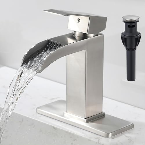 BRAVEBAR Wasserfall-Badezimmerarmatur aus gebürstetem Nickel – Einhebel-Spültischarmaturen für Badezimmer, 1 Loch oder 3 Löcher für 10,2 cm | Moderner Waschtischarmatur aus massivem Messing mit