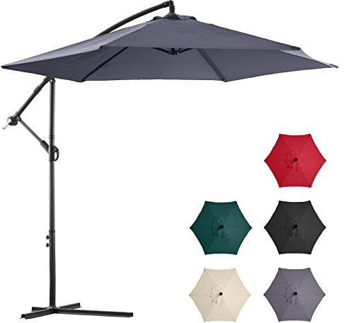 CLIPOP Parasol déporté de 3 m avec bases croisées robustes et manivelle pour l'extérieur, gris, L