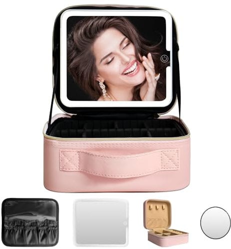 WITFAMILY Make up Tasche mit Spiegel,Travel Makeup Bag mit 1/10x Spiegel und 3 Farbe Licht,Make up Organizer Tasche mit Aufbewahrung von Make-up-Pinseln, Makeup Organizers für Frauen,Rosa