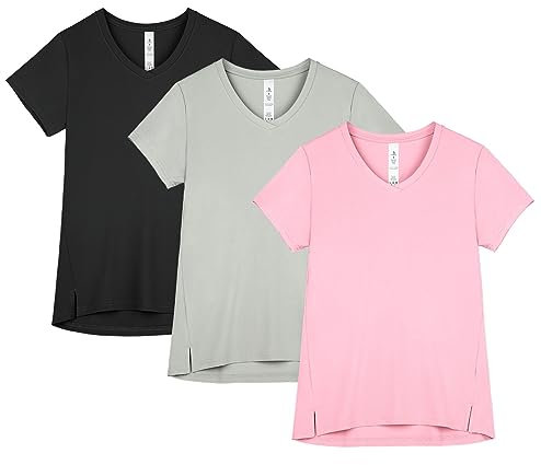 icyzone Damen Sport T-Shirt V-Ausschnitt Fitness Kurzarm Shirt Laufshirt Gym Yoga Top Funktionsshirt, 3er Pack (Black/Natural Grey/Rose Pink, XL)