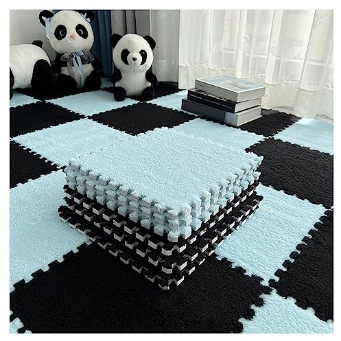 10 Stück Weiche, Zottelige Teppiche, Flauschige Ineinandergreifende Teppichfliesen, rutschfeste Spleiß-Puzzle-Spielteppich-Bodenfliesen, Sensorische Matte(Color:Hellblau+Schwarz)