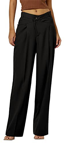 Feziakuk Damen Palazzo Hose Einfarbig Weite Beine Hosen Casual Stoffhose Mode Knopf Anzughose Freizeithose, Schwarz XXL