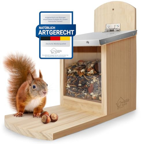 WILDLIFE HOME Mangiatoia per Scoiattoli con Tetto in Metallo I Stazione di Alimentazione in Legno Massiccio Avvitato I Resistente alle Intemperie & Non Trattato I Casetta per Scoiattoli per Mangime