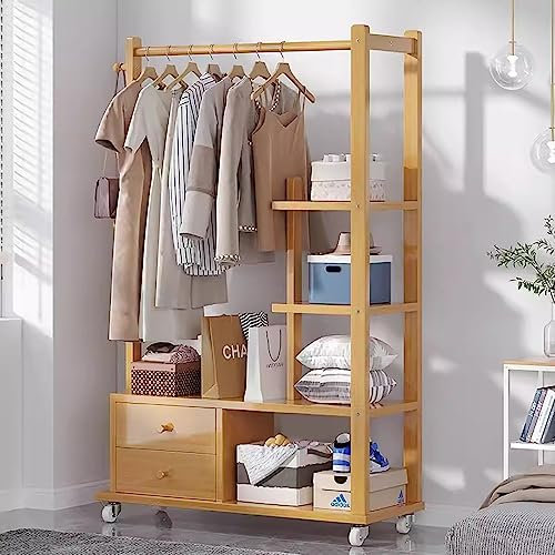 Kleiderständer mit Ablagefläche - 100x29x155cm - Stabiler Metallrahmen, Rollgarderobe auf Rollen mit Schublade - Bambus Kleiderständer zum Aufhängen von Kleidung