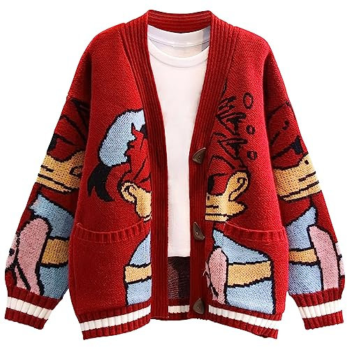 Leyoutx Womens Cute Embroidery Cartoon Duck Cable Knit Cardigans Sweater Button Down Slouchy Wool Blend Coat, Red, L