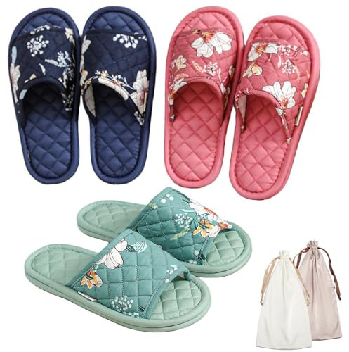Lot de 3 paires de pantoufles d'intérieur en coton à motif floral pour femme, confortables, lavables, portables, pliables, pour voyage, hôtel, avion, spa, Fleur de couleur unie, 7-8.5