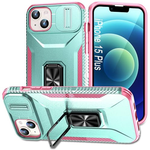 JSENMlN Custodia iPhone 15 Plus,Antiscivolo Antiurto Cover Scorrevole Protezione Fotocamera Custodia per iPhone 15 Plus 6.7 (Verde rosato)
