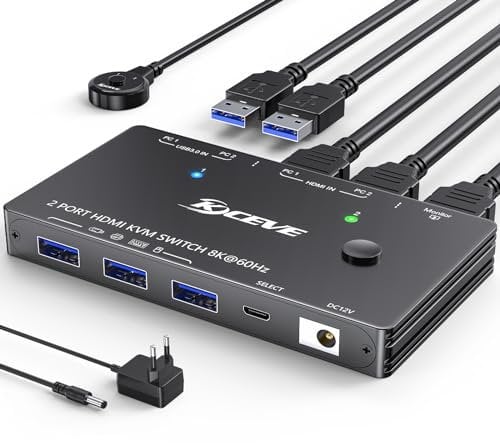 8K HDMI KVM Switch 2 Port 8K@60Hz 4K@120Hz, 2 PC 1 Monitor USB 3.0 KVM Switch HDMI2.1, für 2 Computers teilen sich 1 Monitor und 3 USB 3.0 Geräte, mit Kabelfernbedienung, USB3.0 Kabel, Netzteil