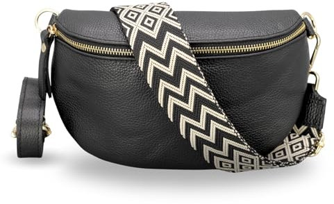 ADEL Bauchtasche Damen Echtleder Emma Gold Handgemachte Umhängetasche Crossbody Bag mit Optionalen Breiten Gemusterten Riemen Stylische Hüfttasche Made in Italy (Schwarz-Gold 3, Large)