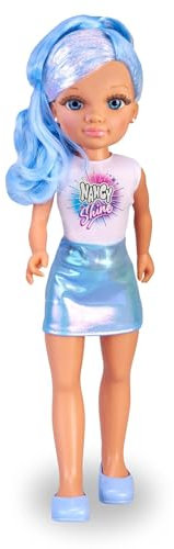 Nancy Shine – Blaue Puppe mit Langen Haaren mit metallischen Strähnen in Blau, Metallic-Kleid und weißem Oberteil und passenden blauen Schuhen, 3 Jahre, Famosa (NAC70110)