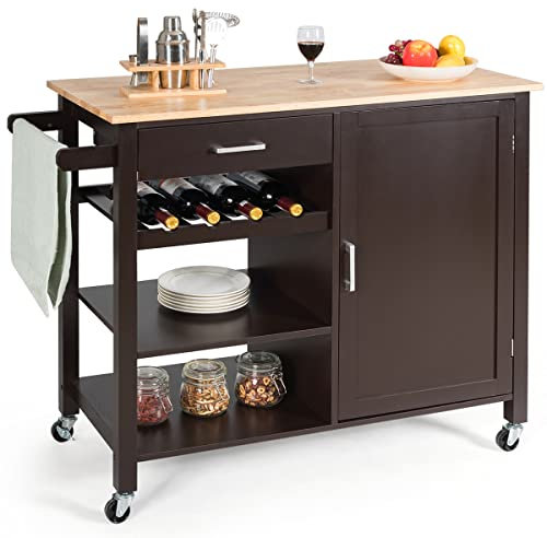 GOPLUS Küchenwagen mit Arbeitsplatte, Mobile Kücheninsel Holz mit Schubladen, Handtuchregal, Weinflaschenregal, Lagerschrank, Servierwagen auf Rädern für Küche & Esszimmer (Braun)