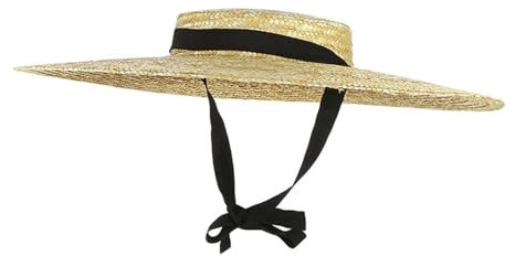 Generisch Damen-Brettmütze mit breiter Krempe, Strohhut, flach, für den Sommer, mit weißem schwarzem Band, Sonnenhut, Strandkappe, 12 cm Strohhut, One size