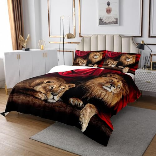 Homewish Tagesdecke Löwe für 2 Personen, 260 x 240 cm, Überwurf, Tierwelt und Flora, für Kinder und Erwachsene, rote Rosenblüten, Steppdecke, Tiermotiv, Schwarz/Braun