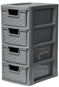 Storage Drawer Unit 4 Tier | S/Mini Rattan Grey Plastic Chest Tower Cabinet Trolley |Tabletop Desktop Organizer Crafts Files Paperwork Home Kids Bedroom Kitchen Office School | 26 D x 19 W x 38 H cm