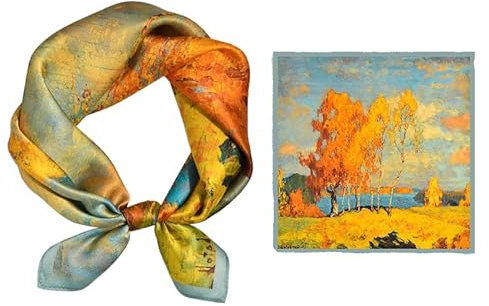 GIMIRO Schal aus imitierter Seide [53 x 53cm] Quadratische Schals Impressionismus-Muster Vintage-Schal für Büroarbeit oder lässigen Bund (76# Y01 Golden Autumn)