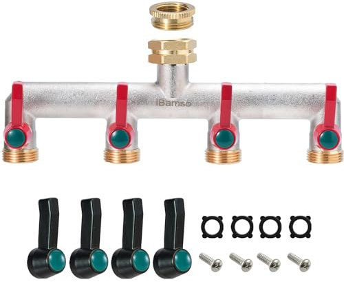 iBamso 4-Wege Verteiler, 3/4 Zoll Messing Wasserverteiler 4-Wege, zum Anschluss 4 Geräten Gartenschlauch Adapter, Wasserdurchfluss Regulier und Absperrbar für Garten Bewässerung GartenschläUche