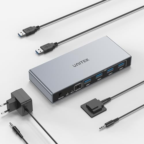 Unitek USB 3.0 HDMI KVM Switch 1 Monitor 2 - Computer 4K@60Hz KVM-Schalter 4 USB-Anschlüsse für 2 Computer Teilen von Monitor Tastatur Maus Festplatten HDCP Adaptiv 2 Kabel DC5V-Adapter