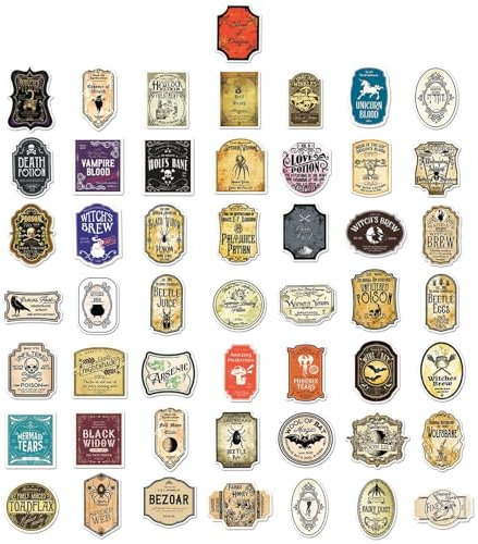 magicc Flaschenaufkleber - 50 Stück Potion Ästhetische Etiketten für Wasserflaschen | PVC wasserdichte Aufkleber, Halloween Trank Abziehbilder, wasserdichte Aufkleber für Laptops, Gepäck, Stoßstangen,