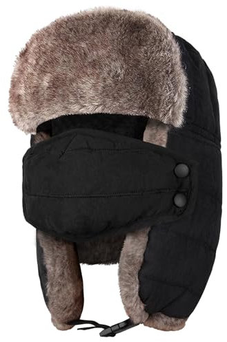Trappermütze, warme Wintermütze für Herren und Damen, mit Maske, Uschanka, russischer Hut, Skifahren, Jagd, für kaltes Wetter, Outdoor, Schwarz, Schwarz, X-Large-3X-Large