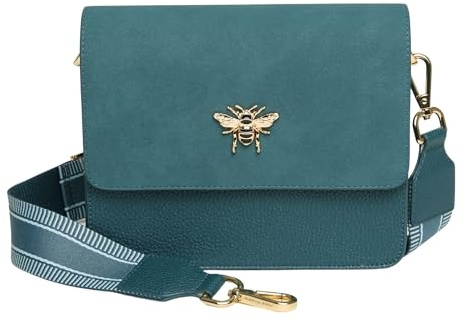 Alice Wheeler Highbury Crossbody Bag – Vegan Leather – Teal – Gold Bee Emblem – Adjustable Strap – Faux Suede Lining – 19 x 15 x 6 cm