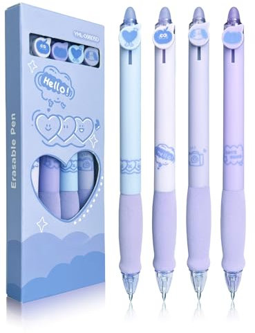 Linkgood Radierbarer Kugelschreiber, 4 Stück Tintenroller Radierbar, 0,5mm Blau Kugelschreiber, Radierbare Stifte Set, Radierbarer Gelschreiber für Kinder Geschenk, Erwachsene Bürobedarf (Lila)