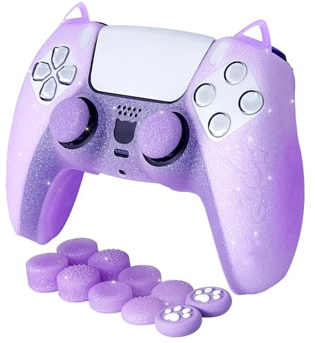 HLRAO Purple Cat Glitter Anti-Rutsch-Schutz-Silikonabdeckung Hautgriffe Kompatibel mit PS5/Slim/Pro-Controller, 8 PCS Glitter Thumb Grips Caps und 2 Paw Grips Caps