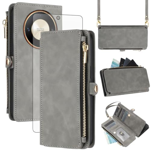 Asuwish Étui de protection pour Honor Magic 6 Lite/X9b 5G - Avec bande et film de protection d'écran - Compartiment pour cartes RFID - Pliable - En cuir - Fleurs - Support Magic6 6Lite - Gris