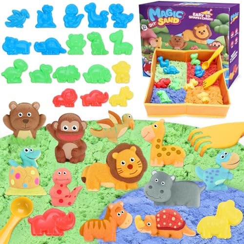 VBACALA Magic Sand für Kinder,Magicsand Faltbarer Sandkasten mit 796G Sand,Dino&Wildtiere Sandformen,Sensorisch Sandspielzeug für Mädchen und Junge Geschenk für Kinder ab 3 4 5 6 7 8
