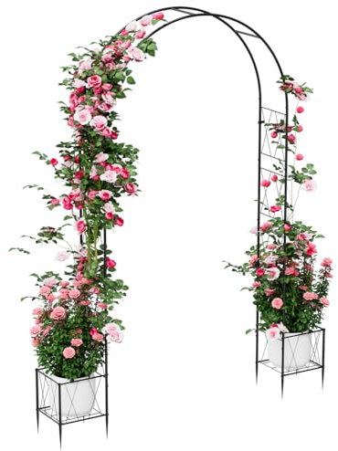 8.2 Ft Garden Arch Trellis for Climbing Plants Outdoor, Wedding Arch Frame for Ceremony Garden Arbors and Arches with 2 Planter Boxes, Metal Arch Backdrop Stand for Party Halloween Archway, Black