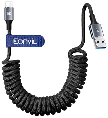 Eonvic USB A auf USB C 45W Schnellladekabel CarPlay Kabel Datenübertragung Geflochtenes Spiralkabel für iPhone 15/16 Pro Max Galaxy S24/S23/S22 Laptops Kamera (Schwarz, Spiralkabel, 40 cm)