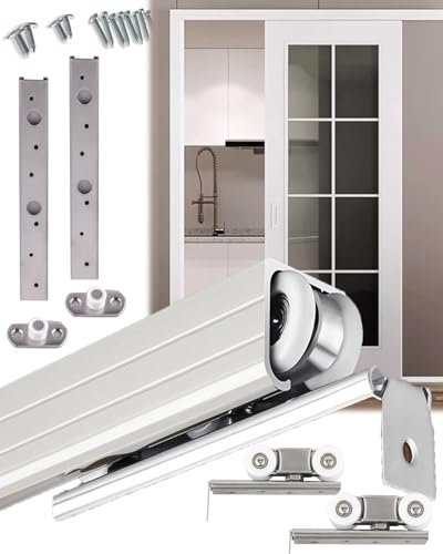 Kit Puerta Corredera Kit de Puerta Corredera Oculta con Riel, Herrajes Plateados para Puerta de Garaje, Ideal para Cobertizo/Dormitorio, Soporte para Colgar Rieles(142 cm/55.8 Inch)