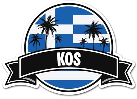 Kos Vinyl-Aufkleber #83270, Motiv: griechische Flagge, Stadt, Palme, Reisen, Urlaub, Geographie, Standort, Aufkleber, Scrapbook, Aufkleber, 2 x 10 cm