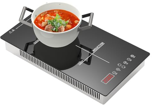 Gveyajo Plaque à Induction Double, 3500W Cuisinière Électrique Portative 2 Zones 2000W+1500W, 8 Niveaux de Puissance, Minuteur, Verrouillage Enfant, Pose Libre ou Encastrable 220-240V