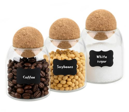 EMNIMQ 3 Pack Glass Jar with Airtight Cork Lid Ball 500ML Tea Coffee Sugar Canisters Set Spherical Cork Lid Glass Storage Jars for Spice Bath Salt Coffee Bean Candy for Kitchen Pantry
