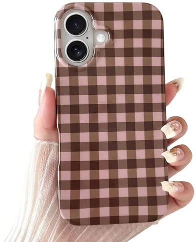 SmoBea for iPhone 16 Case Cute Aesthetic Gingham Phone Case Soft TPU Slim Shockproof Phone Cover for Women Girls Beautiful and Stylish,Brown