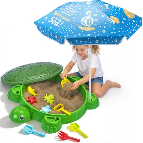 Turtle Sandbox with Lid & Umbrella, 38 Kids Sandbox with Beach Toys Set, Safe Sensory Play Sand Box for Toddlers, Indoor Outdoor Backyard Summer Gift for Ages 3-8