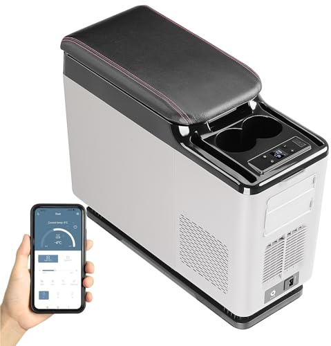 ISINEVER 15L Kompressor Kühlbox 12V 24V 230V Auto Kühlschrank -15°C bis 20°C, Mittelarmlehne Kühlbox mit APP Steuerung & LED Display & USB, Tragbare Kühlbox für Auto, LKW, Wohnmobil, Camping, Outdoor