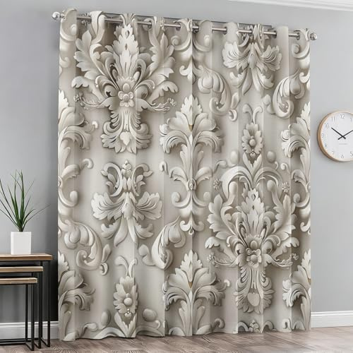 Generisch Damast Vorhänge Wohnzimmer Schlafzimmer, 95% Blickdicht Vorhang Barock Damast Gardinen mit Ösen, Thermo Verdunklungsvorhänge 2er Set, H300 x B140 cm X&-186