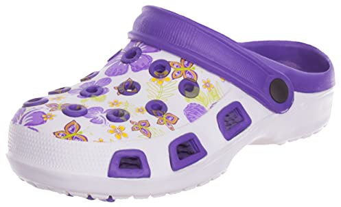 Brandsseller Sabots Femmes Chaussure de Jardin Pantoufle Plage Sandales Motif de Fleurs - Violet/Blanc - 39 EU
