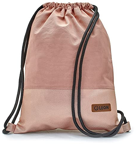 By-Bers LEON Tasche Turnbeutel Rucksack, Design unifarben mit Kunstlederboden, Sportbeutel Gym Bag Gymsack Hipster Fashion, Rosa_rosametallic, flach 34cmx45cm +-1cm