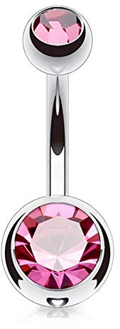 viva-adorno 1 Stück Bauchnabel Piercing Banane Titan G23 Bananabell Doppel Kristall Kugeln Zirkonia Z323, pink 1,6 x 8 x 4+6