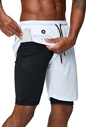 Pinkbomb Men's 2 in 1 Running Shorts Gym Workout Quick Dry Mens Shorts with Phone Pocket, White, Large