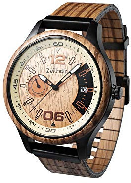 Zeitholz Holzuhr für Herren - Modell Frohnau, handgefertigt aus 100% natürlichem Zebrano mit Quarzwerk - Leichte analoge Uhr mit Holzmaserung für Ihn - Verstellbares Armband passt an jedes Handgelenk