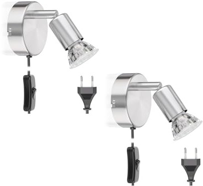 ledscom.de 2 Stück Leselampe Bettleuchte LUNARA, Schalter, Stecker, Edelstahl, chrom matt, inkl. LED GU10 Lampe (warmweiß, 2,339W, 227lm, 110°)