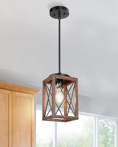 DEWENWILS Farmhouse Pendelleuchte, Hängeleuchte aus Metall mit Holzmaserung, 122 cm, verstellbare Rohre für flache und schräge Decken, Kücheninsel, Schlafzimmer, Esszimmer, E26-Sockel, ETL-gelistet