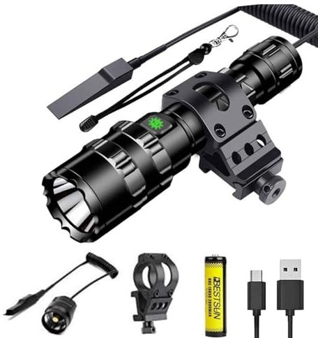 Linterna LED Recargable, Linterna Táctica Súper Brillante de 3000 Lúmenes 5 Modos de Linterna LED con Montaje Compensado Picatinny Interruptor de Presión, Cable USB Batería Recargable Incluida