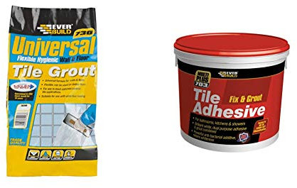 Everbuild 730 Universal Flexible Hygienic Wall and Floor Tile Grout, Ivory, 5 kg & FIX005 703 Fix and Grout Tile Adhesive, White, 750 g