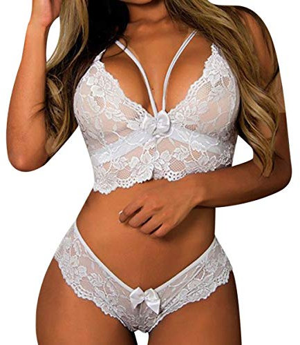 CheChury Femmes Ensemble de Lingerie Sexy en Dentelle String Ensemble sous-Vêtements De Seduction 2 pièces avec Soutien-Gorge et Culotte en Dentelle,Blanc,XXL