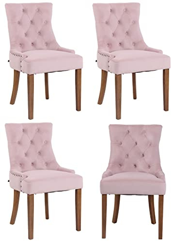 CLP Set 4 Poltrone Pranzo Aberdeen Stile Chesterfield in Velluto E Legno caucciù, Colore:Rosa, Colore del Telaio:Antico Chiaro